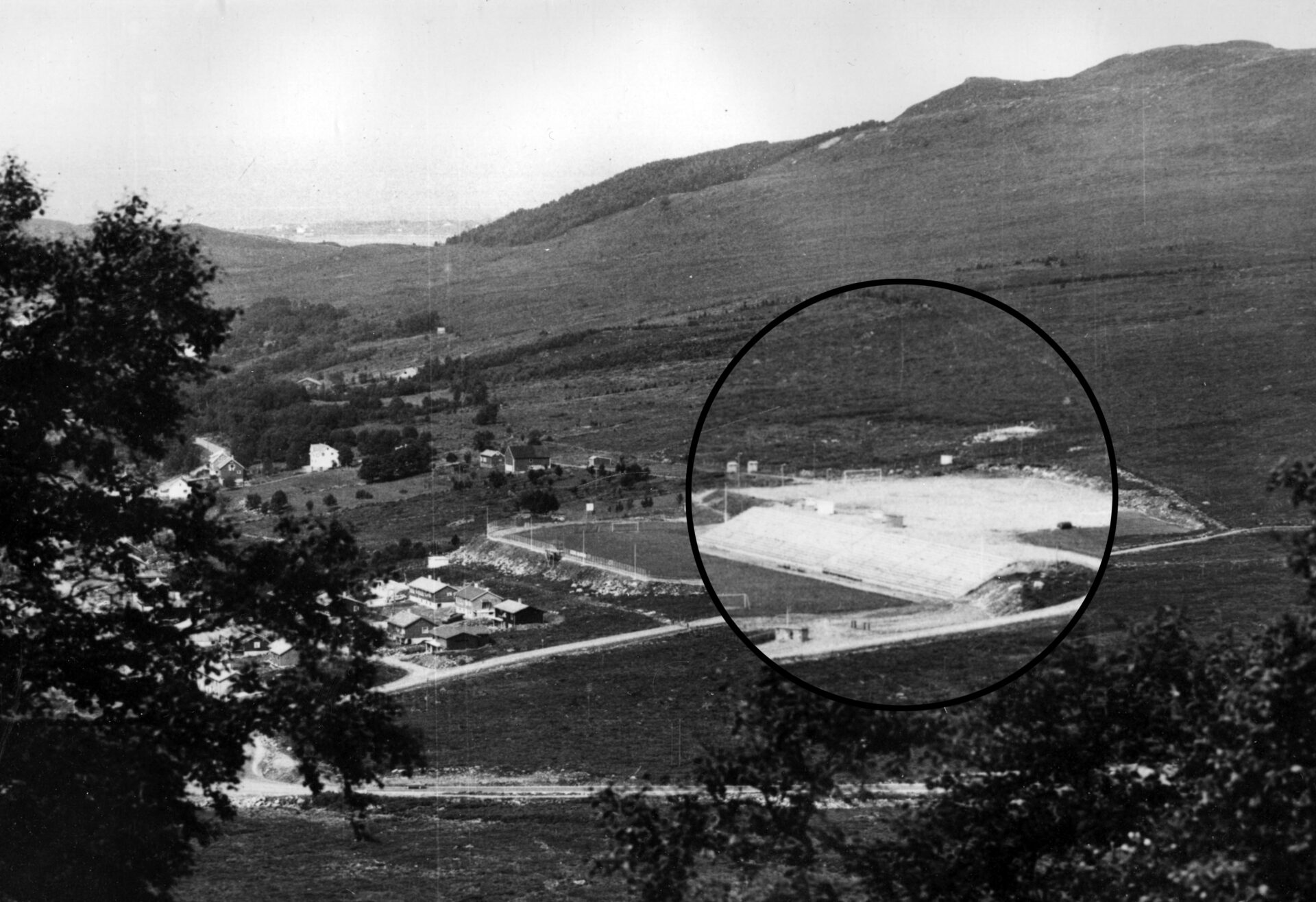 Tribune vart det også på den nye grasbana, men berre fire trinn var ferdige til opninga. Seinare vart tribunen utvida med fleire trinn i fleire omgangar. Dei siste åtte trinna vart ferdigbygde til fot-ballsesongen 1967. Tribunen vart bygd på dugnad, og primus motor var Brage (Johannes Strand). Det blir fortalt at han tok folk med inn på slaktarbutikken og trua dei med kniv til å bli med på dugnad på Høddvoll.